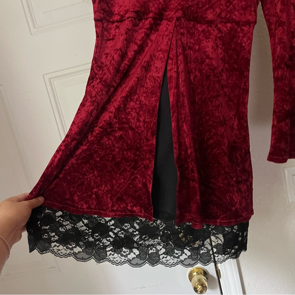 TRIPP NYC‎ vintage velvet magenta burgundy black lace trim layered mini dress - Picture 4 of 10